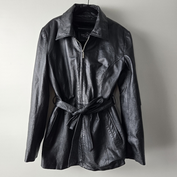 Oscar Piel Women's Belted Leather Short Trench Coat Size Large - Picture 3 of 16